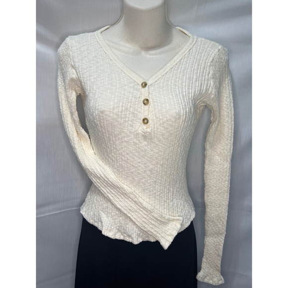 Full Tilt Tops - FULL TILT Ribbed Henley Long Sleeve Top Cream Textured Button Up Casual Size L